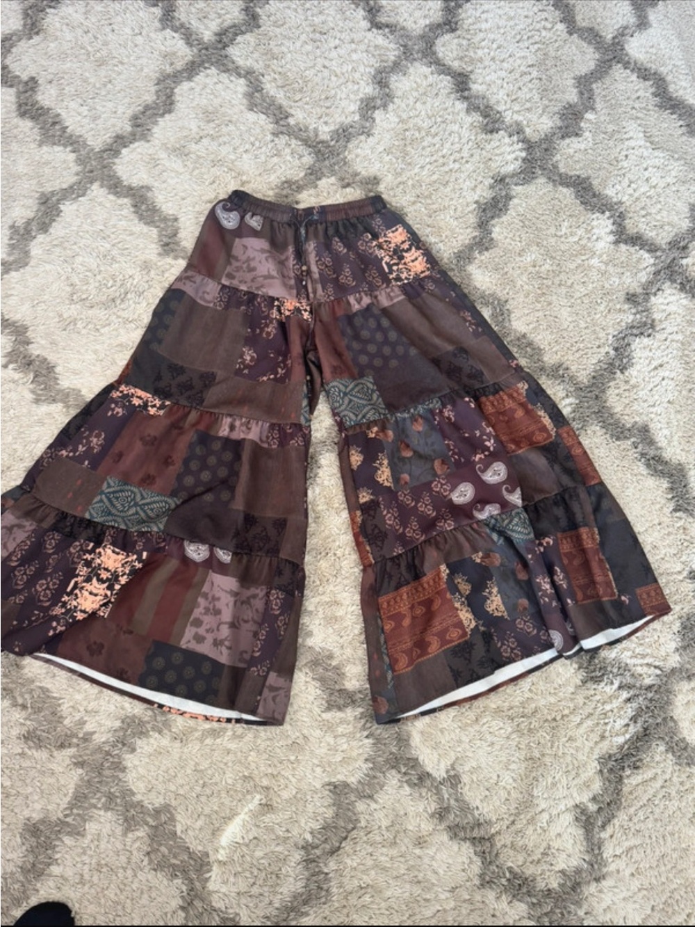 Boho Patchwork Wide-Leg Pants - Brown
